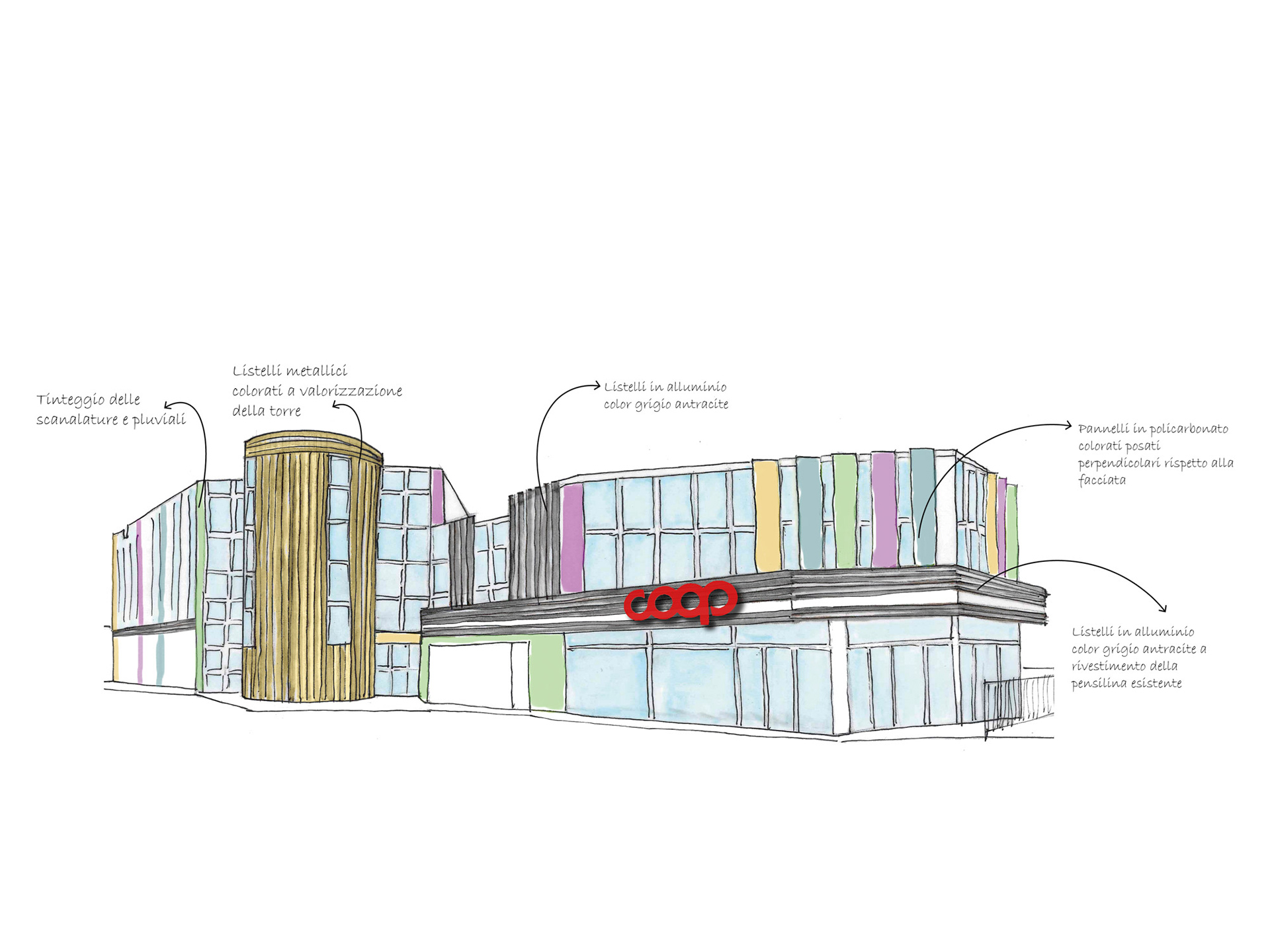 Disegno del progetto di riqualificazione di un edificio Coop