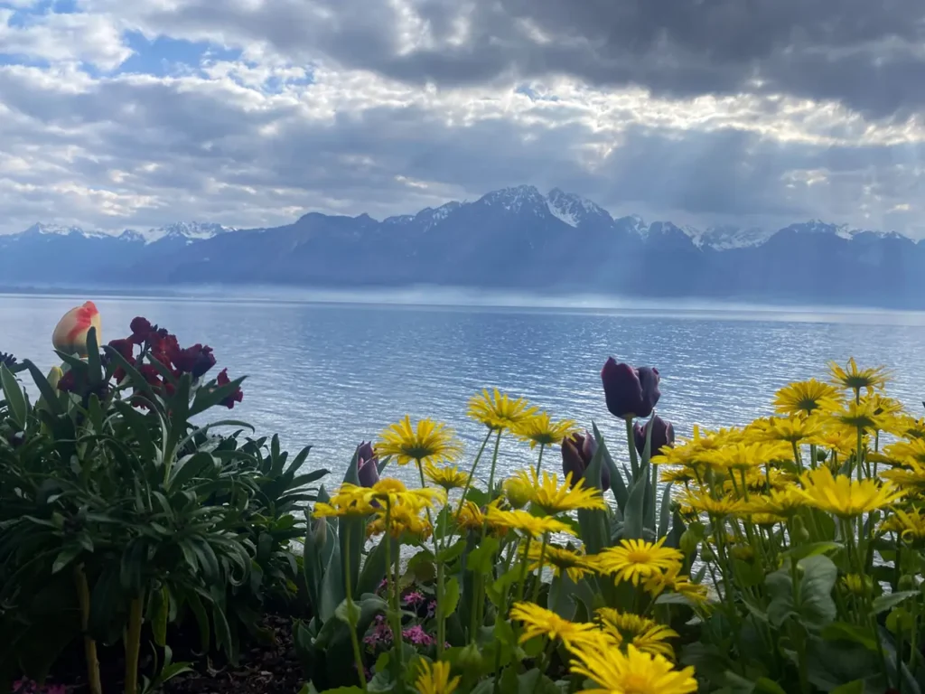 giardino primavera con fiori su lungolago