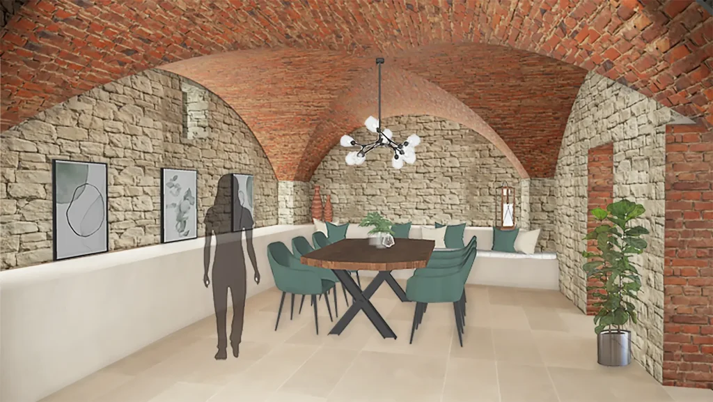 Vista salone rendering architettura interni